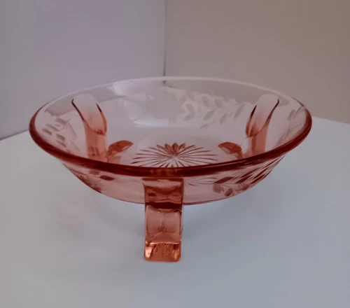 Pink Depression Glass Bowl Open Footed, Etched Flowers, Starburst - Rare Find