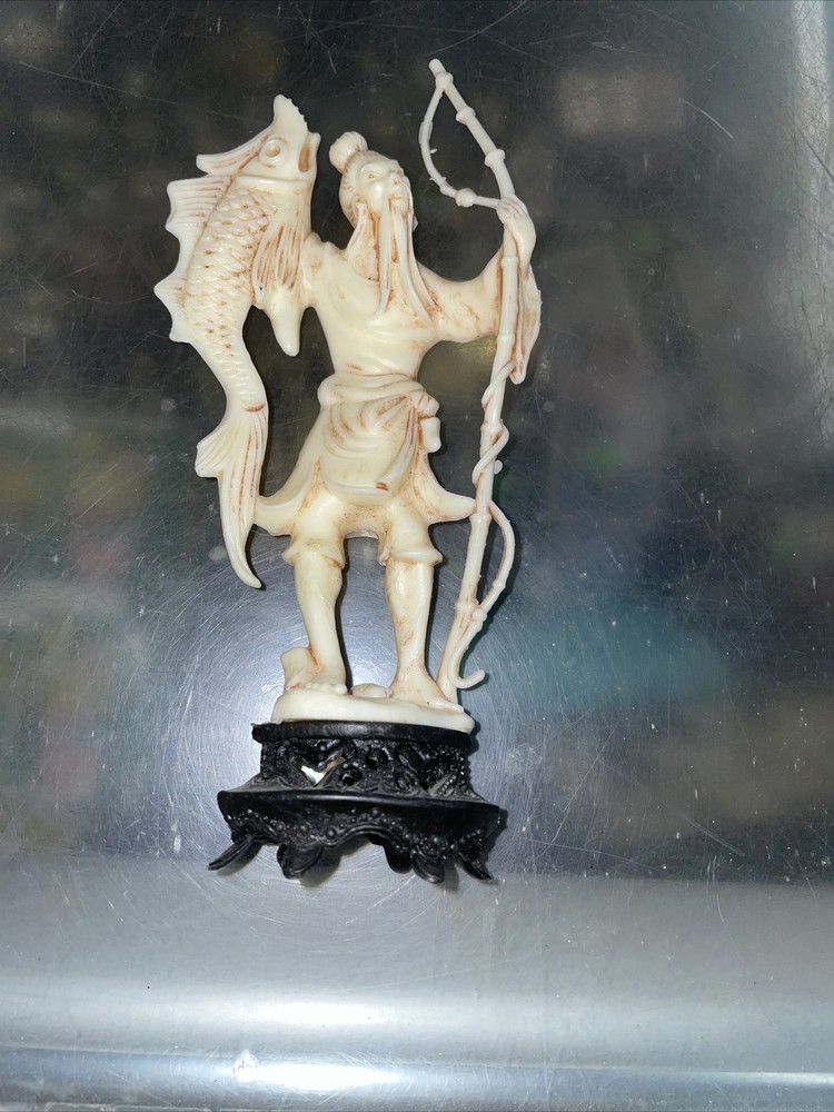 Asian Carved Figurine with fish Plastic Resin Made in Italy Vintage