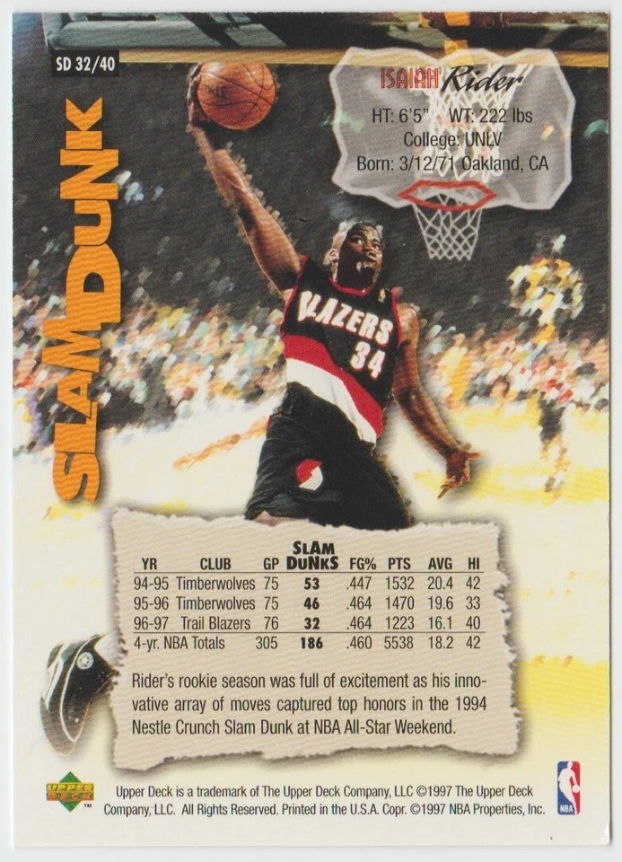 1997 Upper Deck Nestle Slam Dunk #32 Isaiah Rider - Image 2 of 2