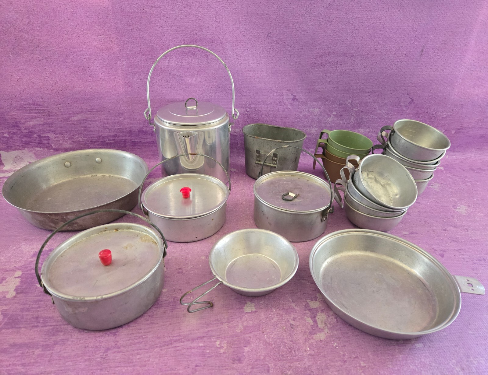 Vintage Camping LARGE LOT Cookware Pans Pots Coffee Pot Measuring Cups Survival