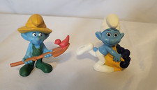 Two 2 2011 McDonalds Smurf Collector Toys Farmer  Greedy 3" Tall
