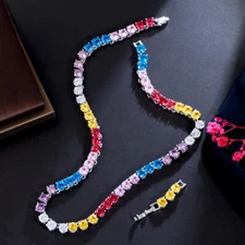 Silver Plated Cubic Zircon Multicolor Tennis Round Choker Necklace Boho Jewelry