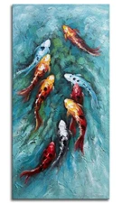 Oil Painting on Canvas Vertical Wall Art 24x48 Inches 3D Nine Fishes Modern S...