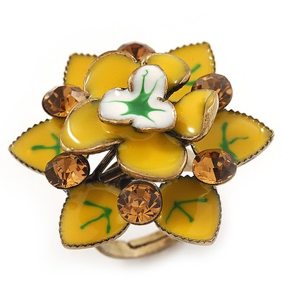 Zitronengelber Kristall Emaille Cocktail Ring (bronzefarben) - 3,5 cm Durchmesser