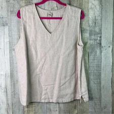 Match Point Size 2X 100% Linen Tan V-Neck Sleeveless Tunic Top 2” Side Slit