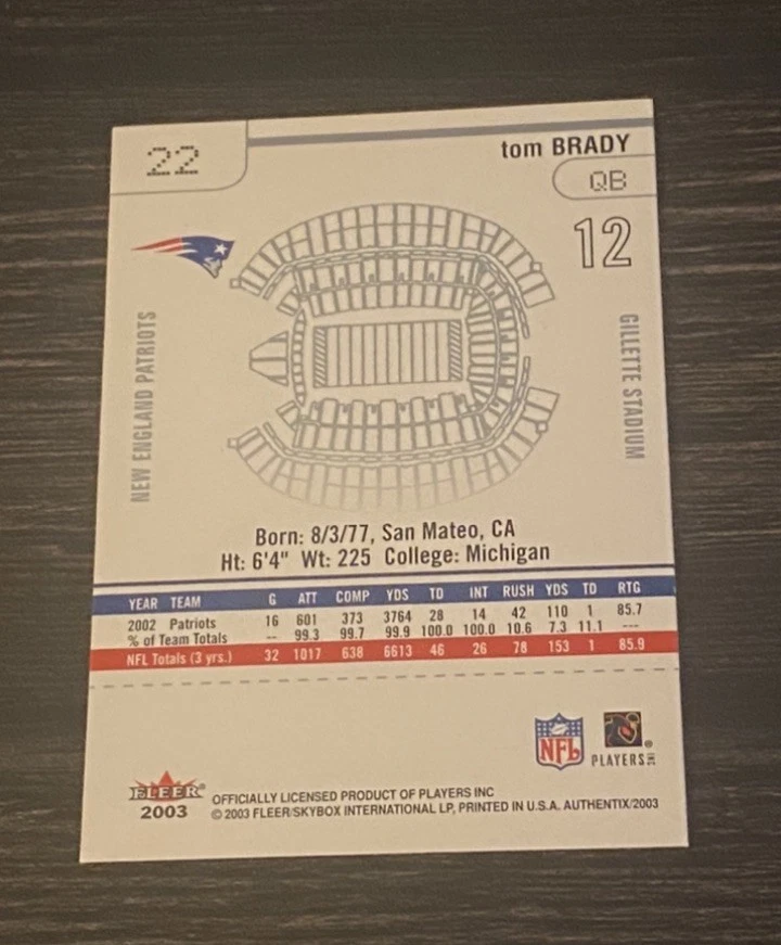 2003 Fleer Authentix Tom Brady #22 New England Patriots - Image 2 of 2