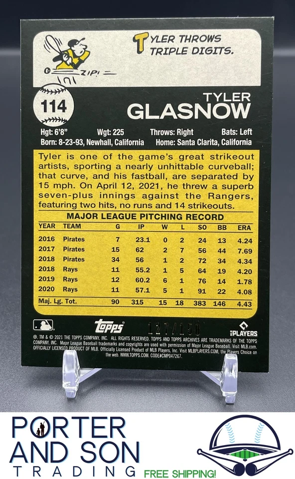 Tyler Glasnow #/99 Silver Parallel 2021 Topps Archives #114 Rays Baseball Card - Image 2 of 2