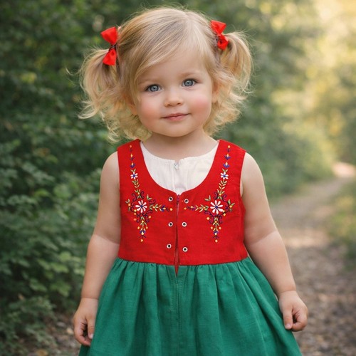 Vintage Kids Red Green Embroidered Dirndl Dress 100% Cotton German Folk 12x17