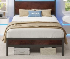 Lifezone Iron Wood Bed Frame, USB Port, LED Headboard, Noise-Free, Twin, Brown