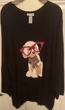 Catherines, Black Long Sleeve Puppy Wearing Glasses Sweater, Size 5X (34/36)