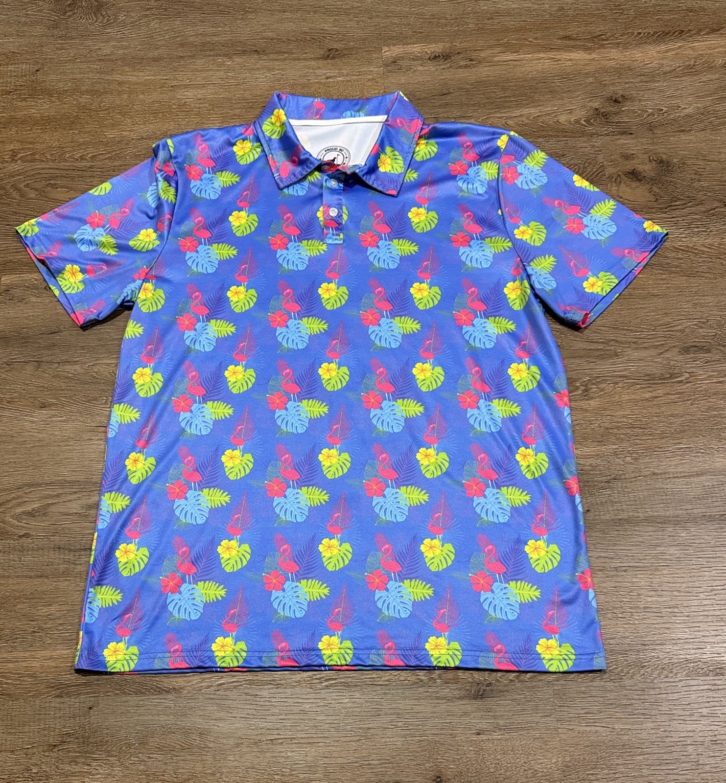 Proud 90 Men's Golf Hawaiian Flamingo Tropical Print Polo Shirt, Size Large