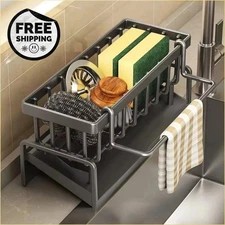 Sponge Holder Kitchen Sink Caddy Organizer with Self-draining Tray Towel Rack