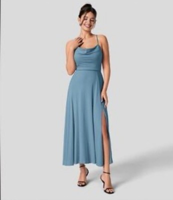 Halara Dress Midi Size XL Cowl Neck Lace Up Back Sundress Rainy Sky Blue  NWT | eBay