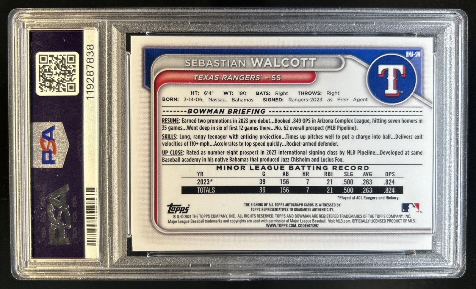 2024 Bowman Chrome Sebastian Walcott Auto Mega Box Mojo Refractor #BMA-SW PSA 10 view 2