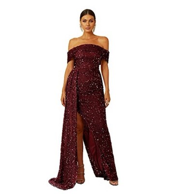 Miss Ord Off Shoulder Sequin BURGUNDY PROM Maxi Dress Long slit Party Gown L