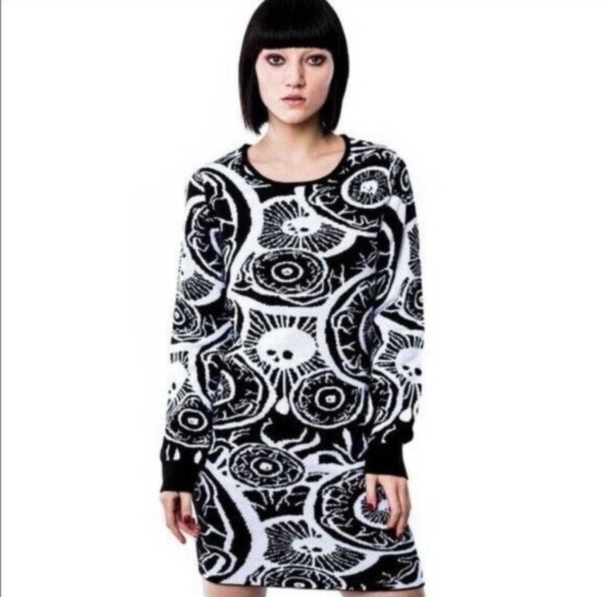 Killstar Sweater Dress Black My Eye Ladies Knit Stretch Goth Mini Size XS Rare Killstar Sweater Dress Black My Eye Ladies Knit Stretch Goth Mini Size XS Rare