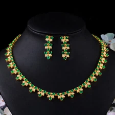 CWWZircons Gold Plated CZ Green Leaf Tennis Wedding Necklace Earring Jewelry Set