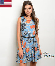 Women Spring Casual Sleeveless Mini Fit and Flare Floral Dresses with Belt