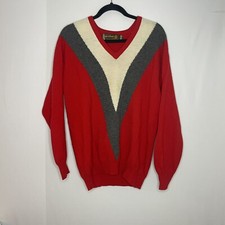 Lyle  Scott Sweater Men Size 42 Red V Neck Pullover Color Block Super Lambswool