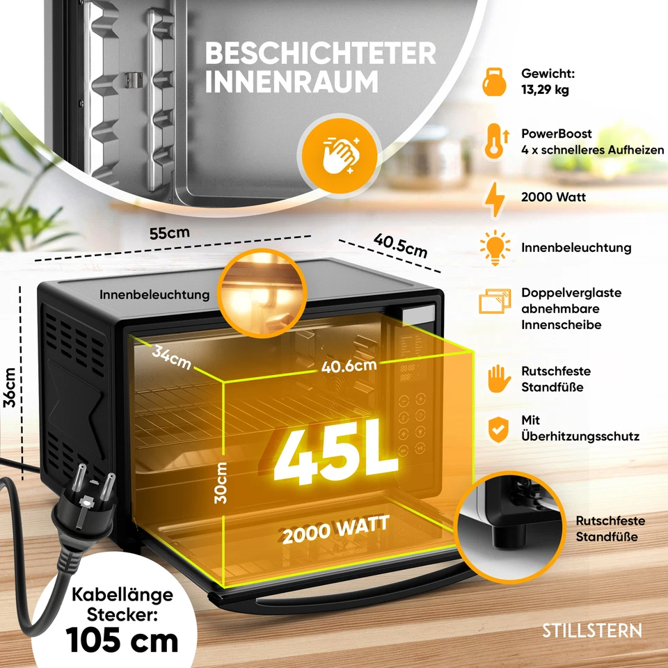 B-Ware Minibackofen mit Umluft 45L LED Display Drehspieß Mini Backofen Pizzaofen - Bild 3 von 4