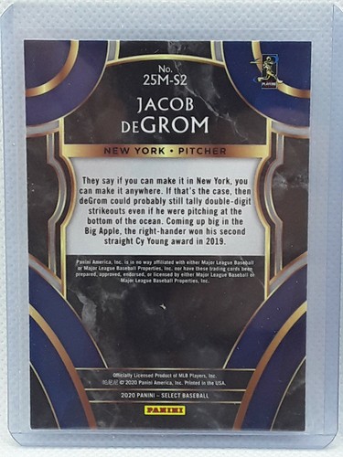 Jacob DeGrom 2020 Select Baseball - 25 Man Insert - New York NY Mets - Picture 2 of 2