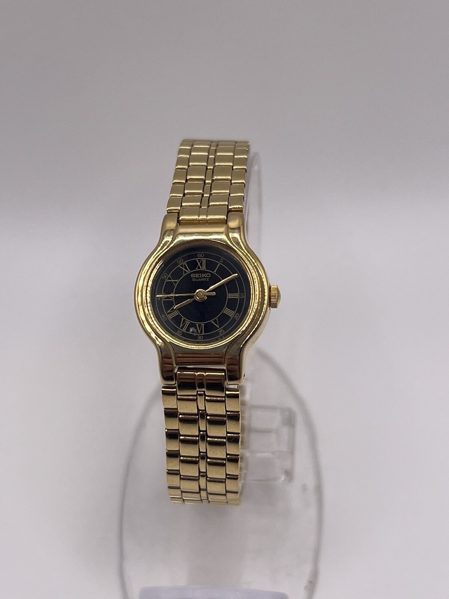 Seiko Stainless Steel Gold Tone Black Dial Japan Quartz Ladies Watch SXF332