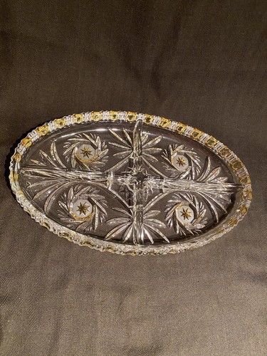 Vintage Walther Glas German Cut Glass "Komet" Divided Tray Gold Accent Pinwheel - Picture 2 of 13