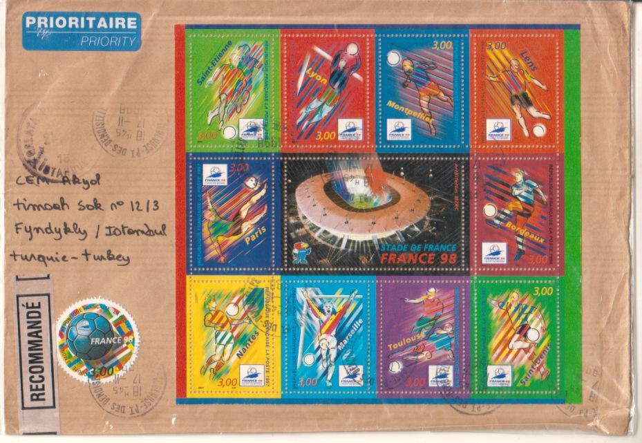 98フランスワールドカップ記念グッズ①10会場切手シート②ハガキ③消印