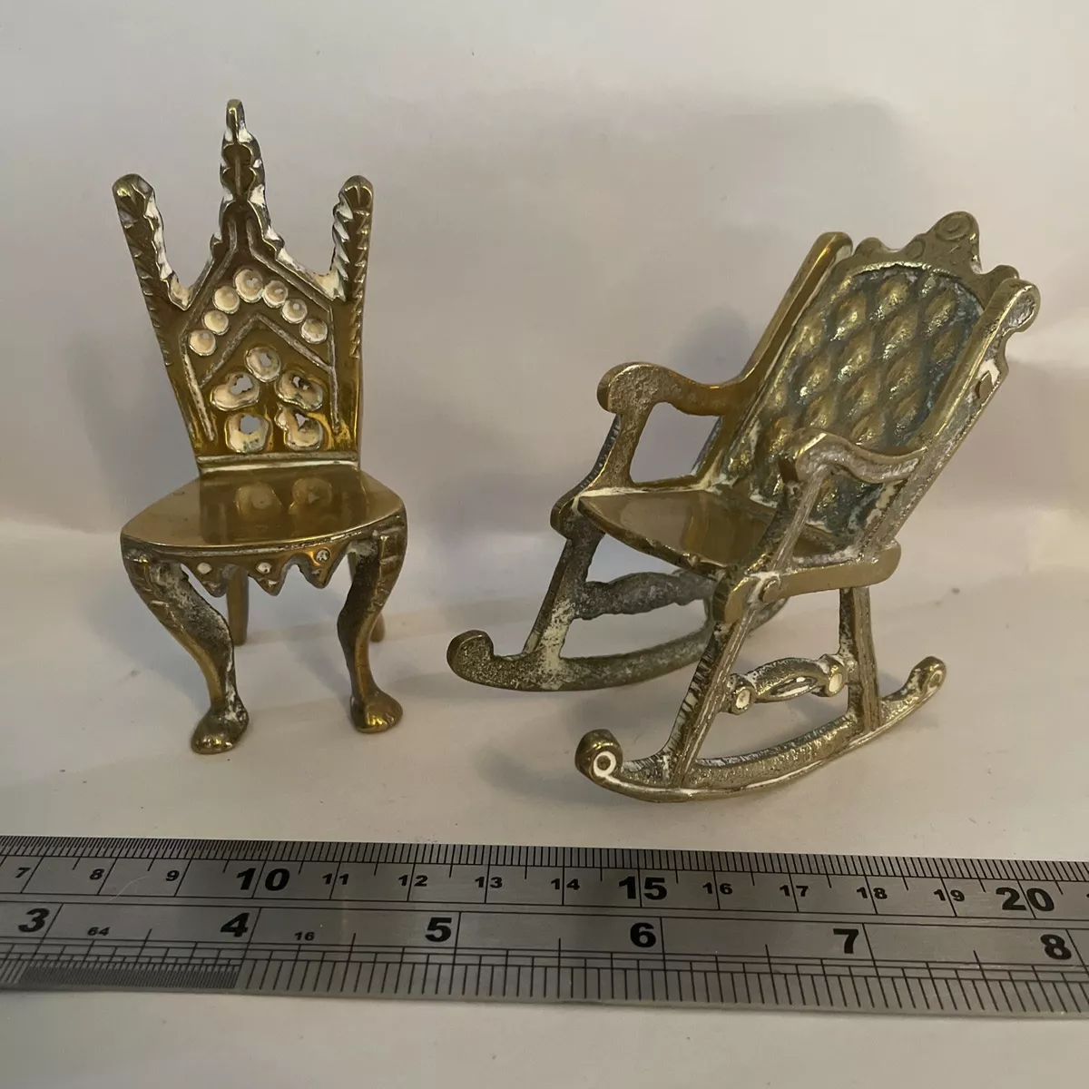 VINTAGE MINIATURE BRASS THRONE STYLE CHAIR ROCKING CHAIR. DOLL HOUSE SIZED