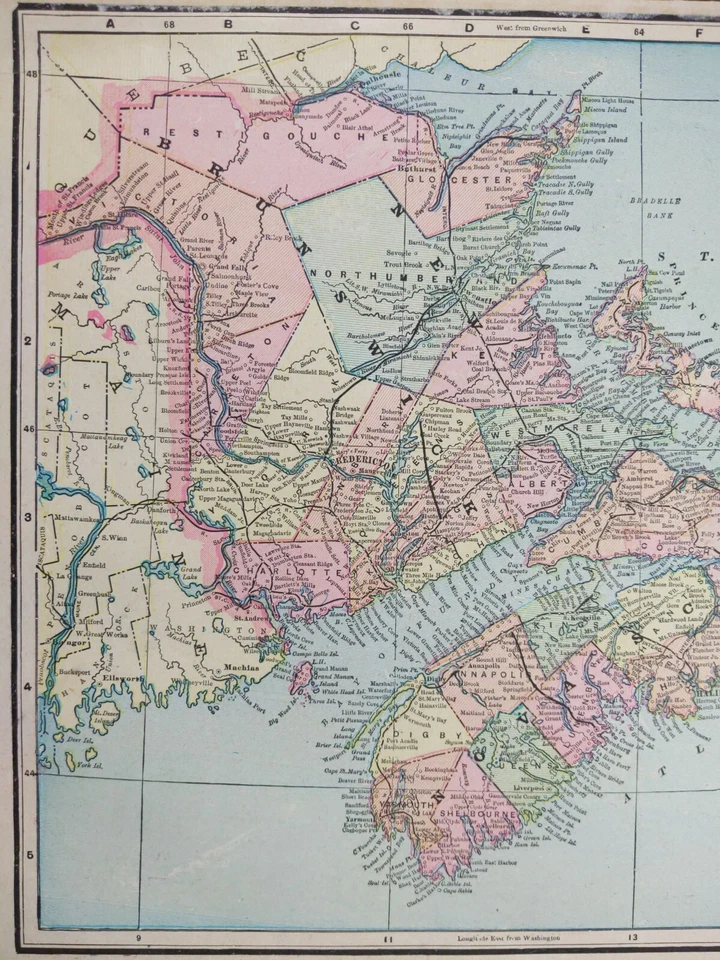 Mapa de colección 1902 NUEVO BRUNSWICK NOVA SCOTIA CANADÁ 14"x11" ~ Antiguo Antiguo Original Foto 3 de 4