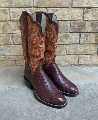 Ml Leddy Full Quill Ostrich Tooled Leather Custom Work Art Dress Boots Mens 10c Ebay