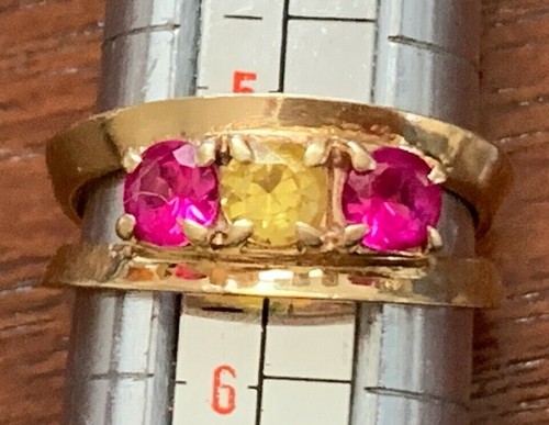 Vintage 14k Yellow Gold Modern 3 Stone Ring Citrine Pink Tourmaline Sz 5.25-5.50 - Picture 6 of 12