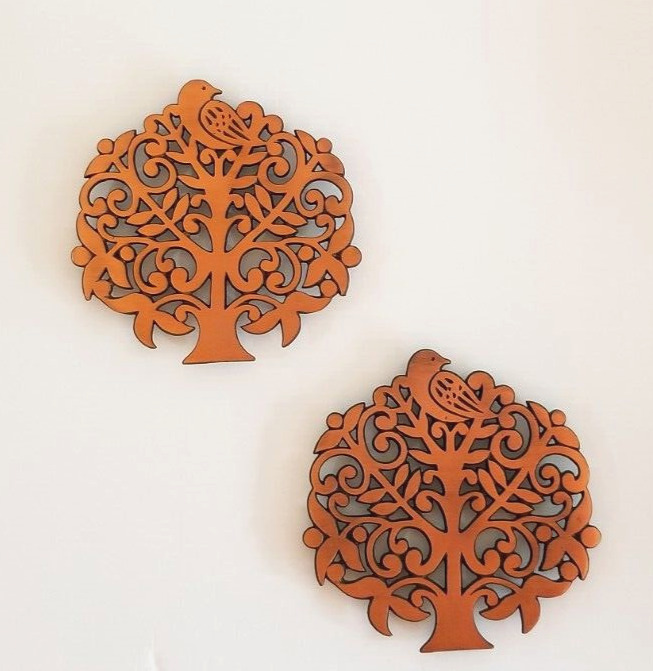 Avon Vintage Copper Trivet Cast Metal Footed Bird in Tree Wall Hanging Set of 2