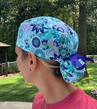 Blue aqua teal medallions ponytail scrub surgical surgery hat OR cap womens
