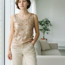 Mid Century 60s Silver Sequin Bead and Pearls Sleeveless Top Beautiful Condition