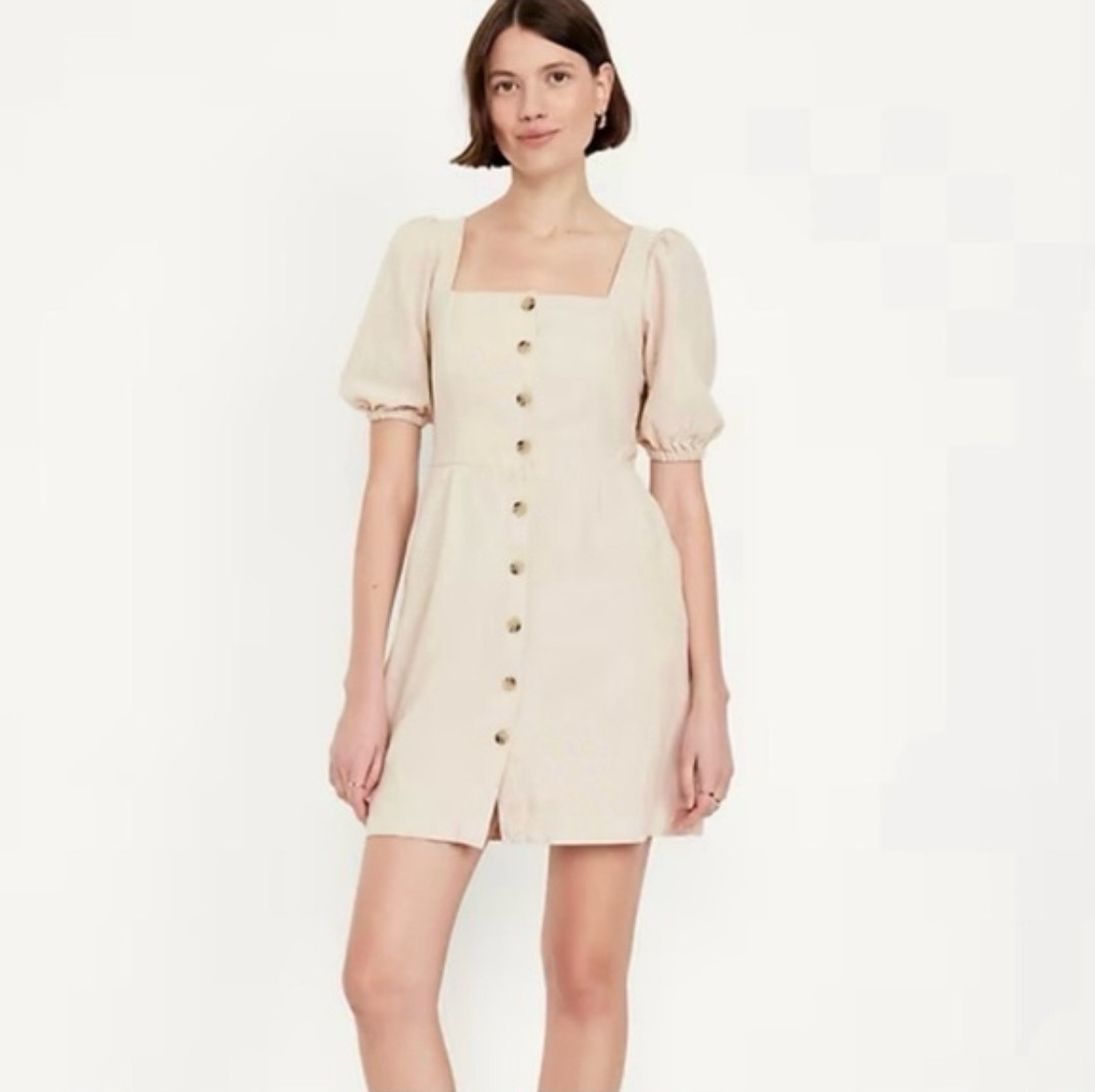 Old Navy NWT Linen Blend Square Neck Short Sleeve Button Up Dress Tan Size 2X