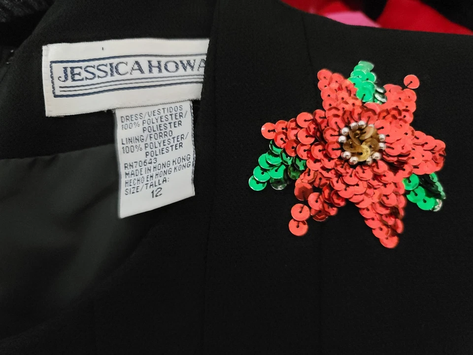 Maxi Vestido Jessica Howard De Colección Años 90 Negro Navidad Lentejuelas Flor de Pascua Talla 12  Foto 4 de 4