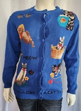 Vintage The Quacker Factory Embroidered Cat Cardigan Sweater Blue Size Large L