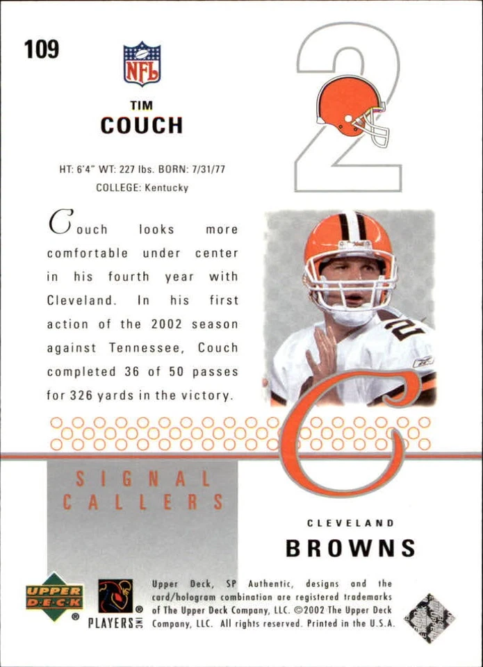 A4181- 2002 SP Authentic #109 Tim Couch SC /2000 (SAMPLE PICTURE) - Image 2 of 2