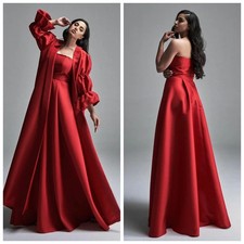 Long Red Satin Evening Dress A-Line Strapless Floor Length Prom Dress With Wrap