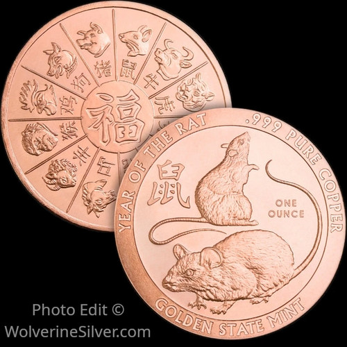 1 Oz. Solid .999 Fine Copper Round - Year of the Rat - Golden State Mint