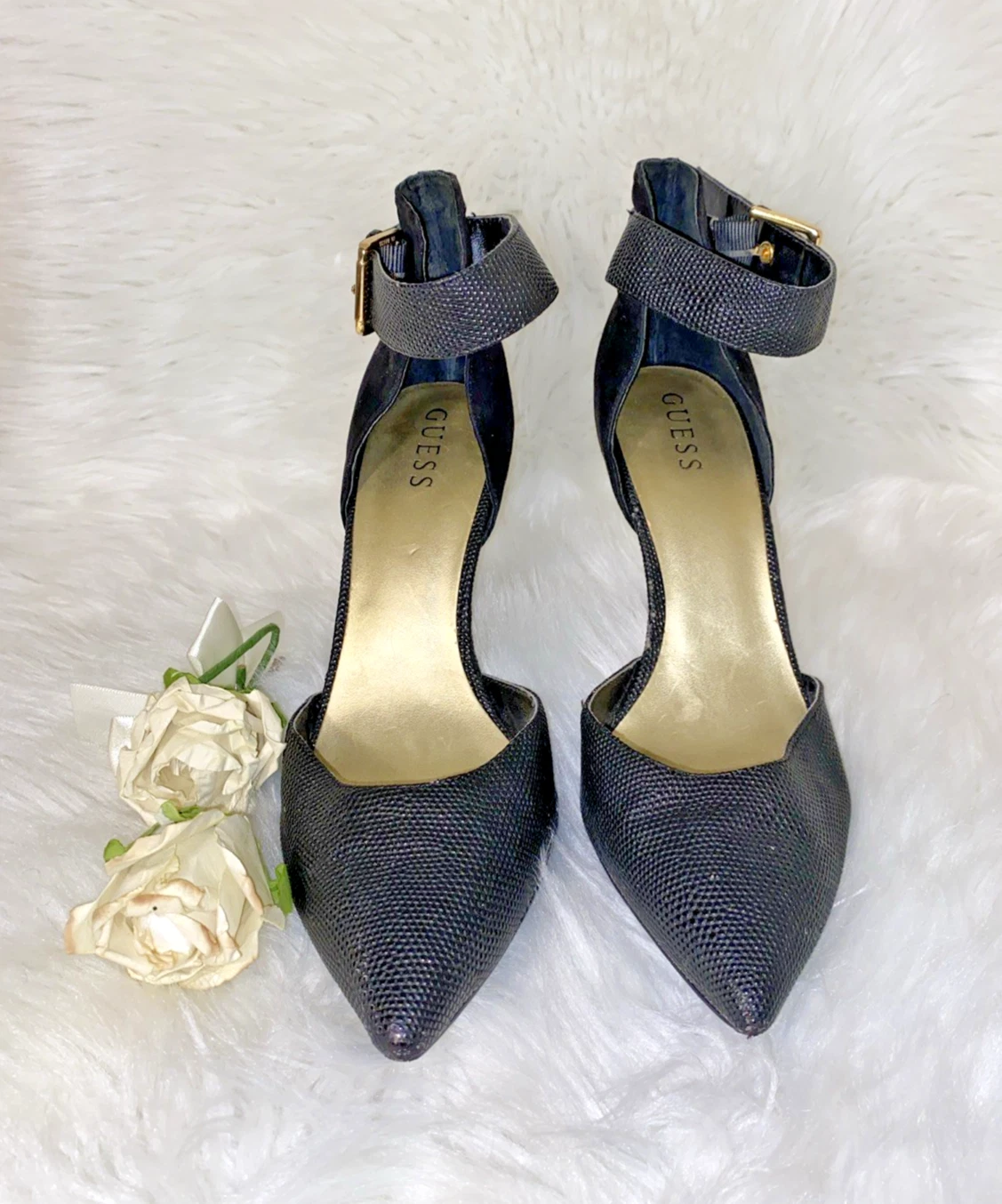 Guess Women's Black Suede Iridescent Ankle Strap Pointed Toe Heels 10M