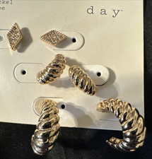 A New Day Nickel Free Gold Color Trio Hoop Huggie Earrings Crawler CZ NEW