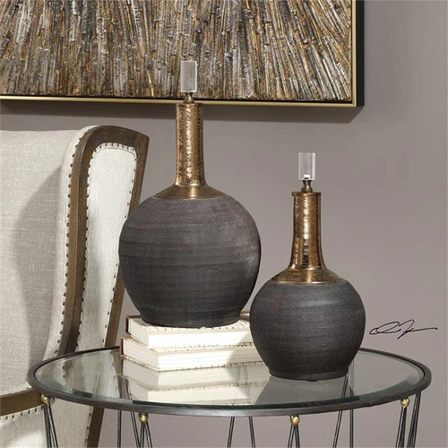 Uttermost Arnav 2-Piece Ceramic Crystal Metal Bottle Set in Matte Black and Gold - Picture 2 of 3