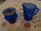 cobalt blue depression glass- 2 pieces- Shirley Temple, small jar