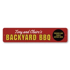 Personalized Backyard BBQ Friends & Family Gather Here Name Metal Decor Sign