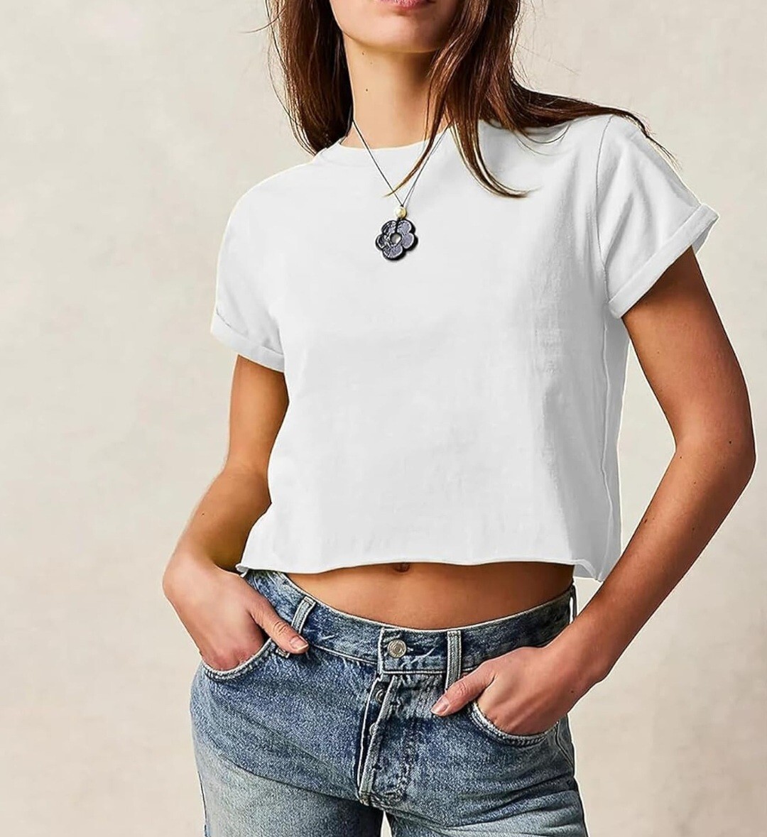 Aoang Womens Summer Crop Top Short Sleeve Round Neck T-Shirt