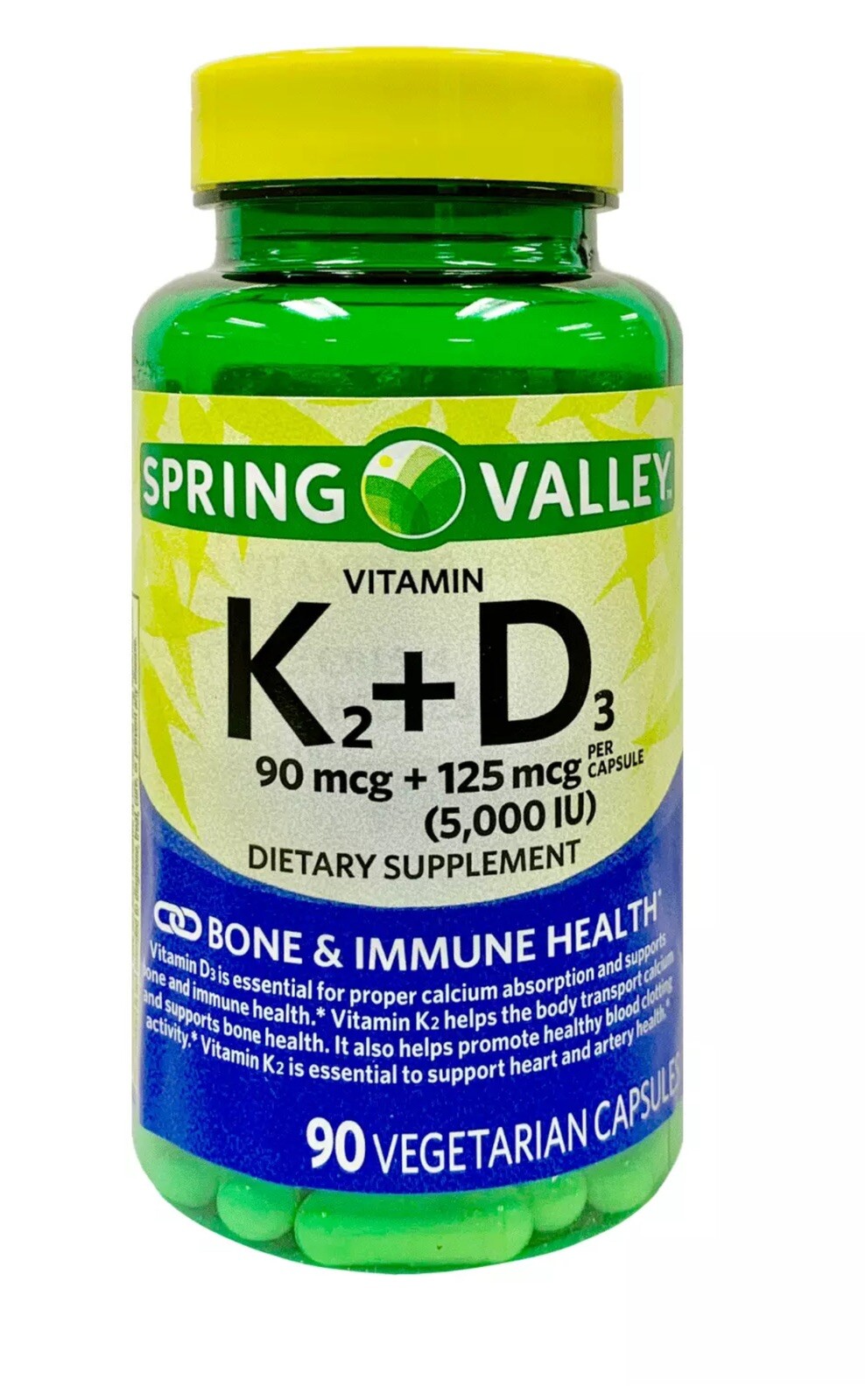 Spring Valley Vitamin K2 (90mcg)+ D3 (125mcg) Vegetarian Capsules, 90 Ct 01/2026
