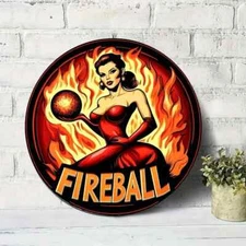 SEXY WOMAN Aluminum Round Weatherproof Sign RETRO  GARAGE MAN CAVE FIREBALL