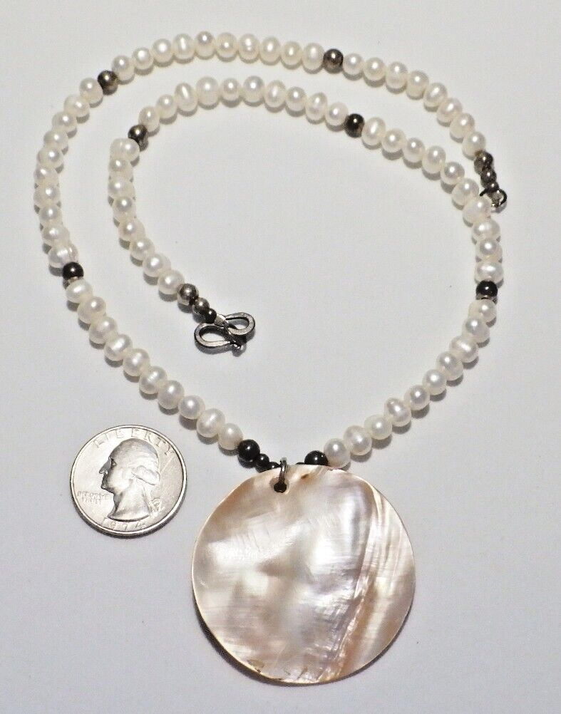 Vintage White Ringed Pearl Sterling Silver Bead Necklace w/Large MOP  Pendant
